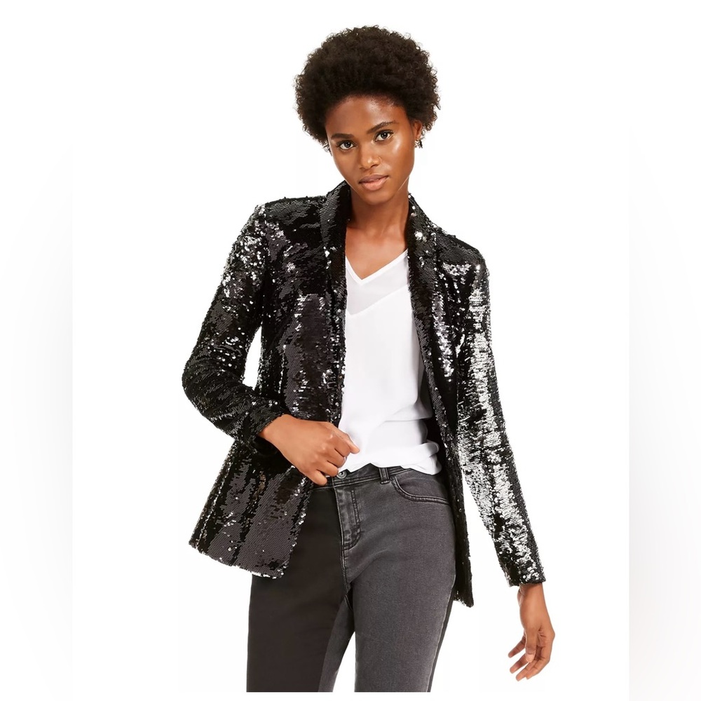 INC Black Silver Reversible Flip Sequins Blazer